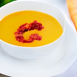 a soup with carrots and pesto mixed together.