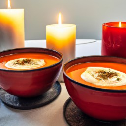 

Carrot soup with pesto and cream is a delicious and healthy European Italian dinner, made with onions, carrots, pine nuts, parmesan cheese and bread.