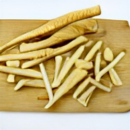 thin sticks of parsnips and a sliced onion.
