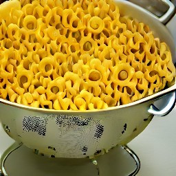 the pasta is drained of water in a colander.