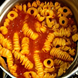 the pasta is placed in the saucepan with the red bell pepper puree and garlic soft cheese with herbs. it is cooked for 2 minutes, then removed from the heat.