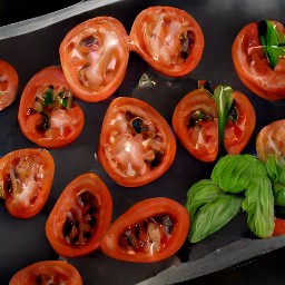 tomato halves on a baking tray with balsamic vinegar, salt, black pepper, and basil.