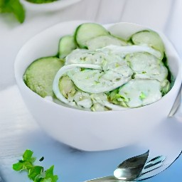 a bowl of cucumber slices mixed with granulated sugar, cider vinegar, salt, and black pepper. the mixture is then refrigerated for 45 minutes before being removed from the fridge.