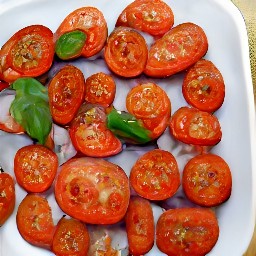 a dish of roasted plum tomatoes with garlic, red onions, oregano leaves, and basil.