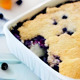 the casserole dish will have a layer of cake batter, then blueberries, and peaches on top.