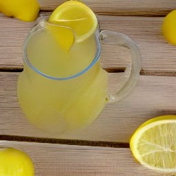 the output is a glass pitcher filled with lemon juice, granulated sugar, 4 cups of cold water, yellow food coloring, ice cubes, and sliced lemons.