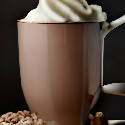 a large mug filled halfway with hot cocoa mix, with smooth peanut butter and half of the boiling water stirred in using a spoon.