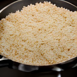 a pan with the butter melted, the egg cooked, and the brown rice added.