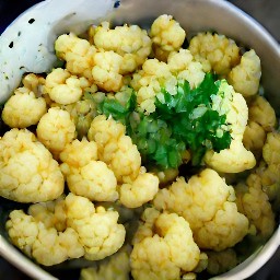 a bowl of hot sauce, cilantro, and cajun seasoning mixed together with cooked cauliflower.