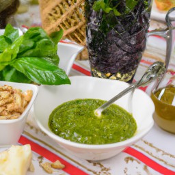 

Basil pesto is a delicious European-Italian sauce and dressing made of gluten-free, egg-free, soy-free ingredients like pine nuts, parmesan cheese and olive oil.