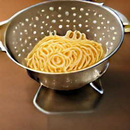 the cooked spaghetti is drained in a colander.