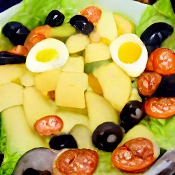 a salad with potatoes, green beans, black olives, red onions, basil, lettuce, and cherry tomatoes.