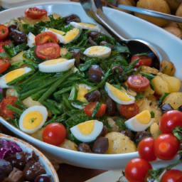 

This delicious gluten-free, nuts-free and lactose-free side salad is a healthy light recipe made with pitted black olives, eggs, potatoes, green beans, cherry tomatoes and lettuce leaves.