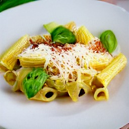 the pasta with sauce is transferred to a plate, and it is topped with basil and shaved parmesan cheese.