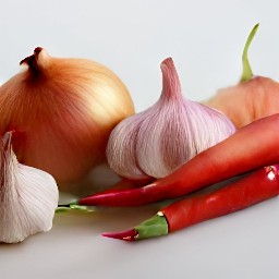 a bowl of chopped onions, garlic, and red chili peppers.