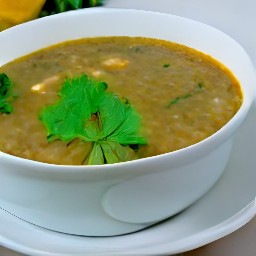 a bowl of soup containing carrots, sweet potatoes, celery, tomato puree, vegetable broth, and green lentils.