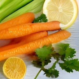 you will have celery sticks, carrots, and coriander that are chopped up and lemon wedges that are cut.