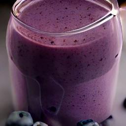 the blueberry smoothie is transferred to a glass cup.