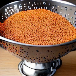 a colander full of drained red lentils.