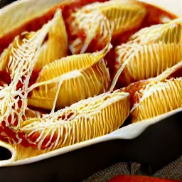 the pasta shells are covered in spaghetti sauce and sprinkled with the remaining cheese mixture. the pan is in the oven and bake for 30 minutes.