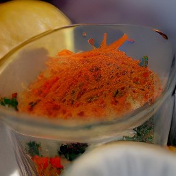 the salad will have a dressing of lemon juice, black pepper, yellow mustard, granulated sugar and vegetable oil. it will also contain grated carrots and parsley.