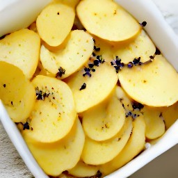 a greased baking dish with garlic, potato slices, salt, black pepper, and ground nutmeg.