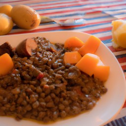 

This vegan, gluten-free, eggs-free, nuts-free and lactose free side dish of lentils with yams and sweet potatoes is a flavorful mix of beans & grains spiced up with herbs and spices - perfect as an appetizer.