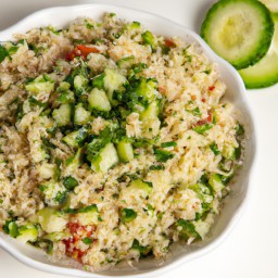

Tabbouleh with cucumber and bulgur wheat is a delicious, vegan, nuts-free salad perfect for light recipes or as a side dish. It's made with fresh ingredients like scallions, spearmint, sorrel leaves, parsley and tomatoes.
