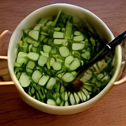 the output is a bowl of scallions, spearmint, sorrel leaves, parsley, cucumbers, lemon juice, black pepper, cayenne pepper, allspice, salt, nutmeg and olive oil.