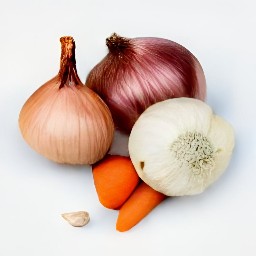 a bowl of chopped onion and garlic, celery slices, carrot slices, and pumpkin slices.