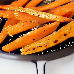 the carrots are cooked in a pan with butter, honey, and salt. water is added and the carrots cook for 10 minutes. the rest of the butter and honey are added and the carrots cook for 4 more minutes. they are then sprinkled