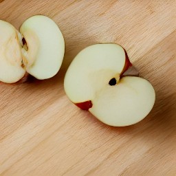 the apple is cut in half and the core is removed.