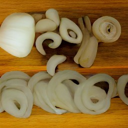 thinly sliced onions and portabella mushrooms.