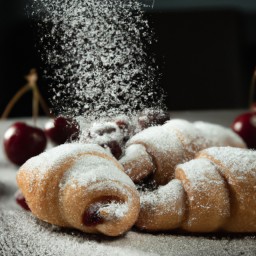 

This delicious vegan, lactose-free, eggs-free and nuts-free French breakfast treat is made of crescent rolls filled with cherry pie filling and topped with powdered sugar.