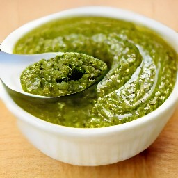 the output is a bowl of olive oil and pesto mixed together.