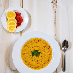 

A hearty and healthy vegan European dinner, this red lentil soup is made with bulgur, onions, carrots and olive oil - free of eggs, nuts, soy and lactose.