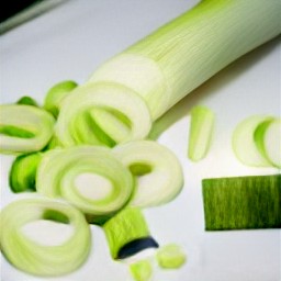 the white area of the leeks is cut into thin slices.