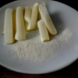 the mozzarella cheese strips are coated with all-purpose flour.