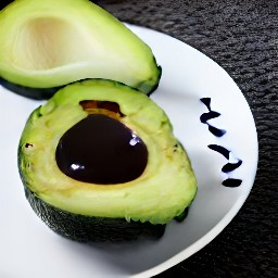 the avocado halves are drizzled with balsamic vinegar and olive oil.