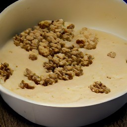 a bowl of batter containing eggs, cheese curds, vegetable oil, onion soup mix, corn flakes, chopped walnuts and chopped onions.