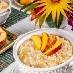 

A delicious vegan, lactose-free, nuts-free, eggs-free gluten- free and soy free peach oatmeal that is great for breakfast or snacks. Made with peaches, baking mix and oatmeal!