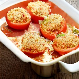 a casserole dish full of tomatoes stuffed with breadcrumbs mixture and spices, drizzled with olive oil.