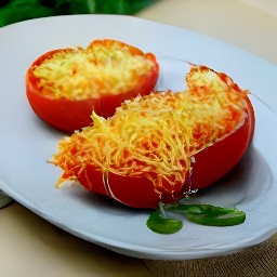 a plate of baked tomatoes sprinkled with cheese.