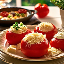 

Delicious Italian baked dish of beefsteak tomatoes stuffed with breadcrumbs, provolone cheese and butter - eggs, nuts and soy free.
