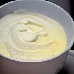 the output is a bowl of eggs, cream cheese, granulated sugar, vanilla extract, and lemon juice that have been whisked together for 3 minutes.