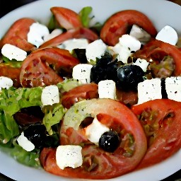 a plate with tomato slices, a green chili pepper, olives, capers, feta cheese and vinaigrette.