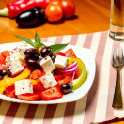 

This delicious Greek Tomato Salad is a light, healthy European recipe free of gluten, eggs, nuts and soy. It combines juicy tomatoes with black olives and creamy feta cheese for an amazing flavour!