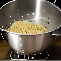 the cooked spaghetti is drained in a colander.