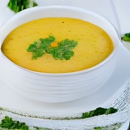 a bowl of cream soup with lentil and spinach, with lime juice added to it.