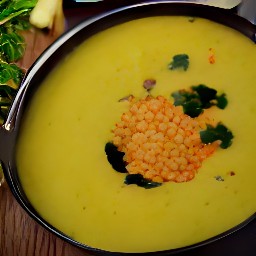 a pan of red lentils, ground turmeric, ginger, garlic, and vegetable broth. after 15 minutes, the lid is removed and a can of coconut milk and sliced leeks are added. the contents